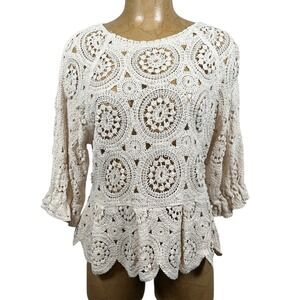 Solitaire Women Crochet Lace Peplum Top Cream Medallion 3/4 Sleeve Large Boho
